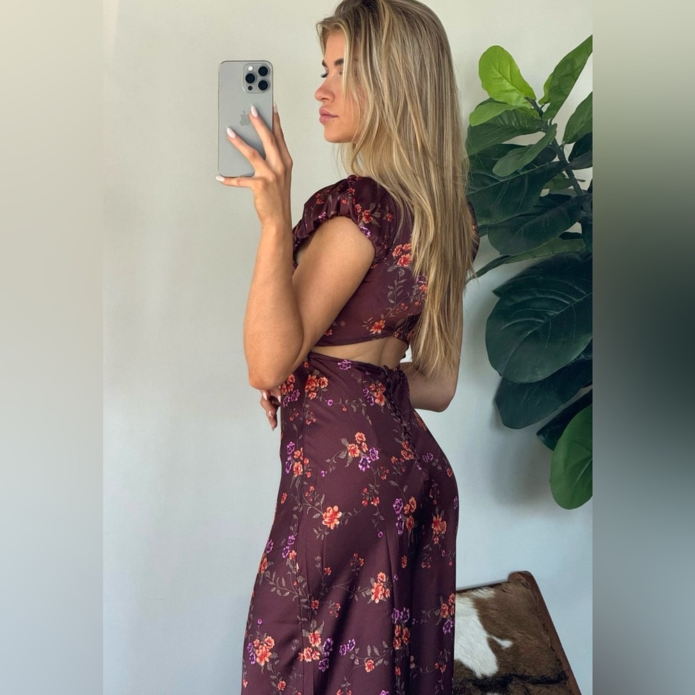 Free People Burgundy Floral Backless Satin Slip Dress - Picture 7 of 16